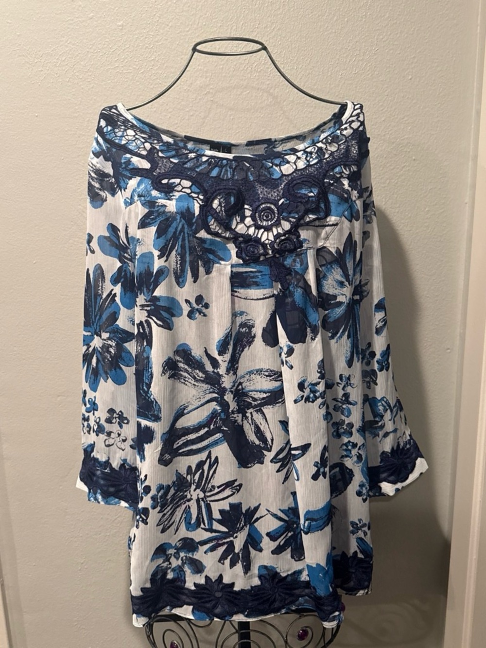 Dana Buchman White Blouse with Blue Floral Print and Navy Crochet Trim